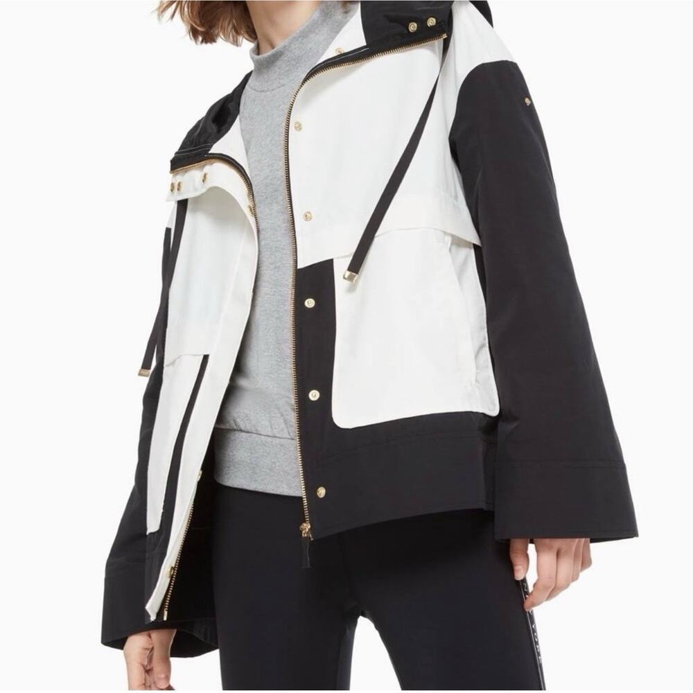 Kate Spade Colorblock Mixed Media Anorak Jacket XL Black White Hooded NEW $328